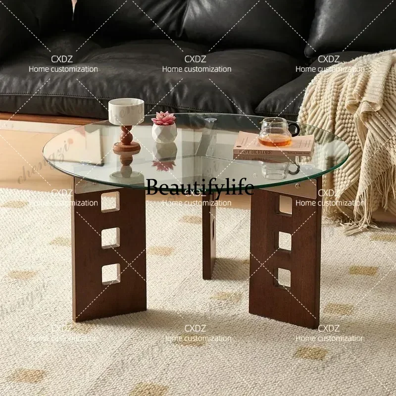 CQY Glass coffee table living room household  small apartment medieval tea table round balcony solid wood tea table