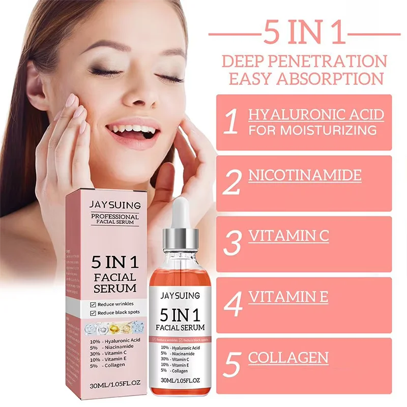 Facial Essence 5 In 1 Vitamin C Hyaluronic Acid Lighten Fine Lines Firming Face Moisturize Brighten Pore Narrow Skin Care Cream