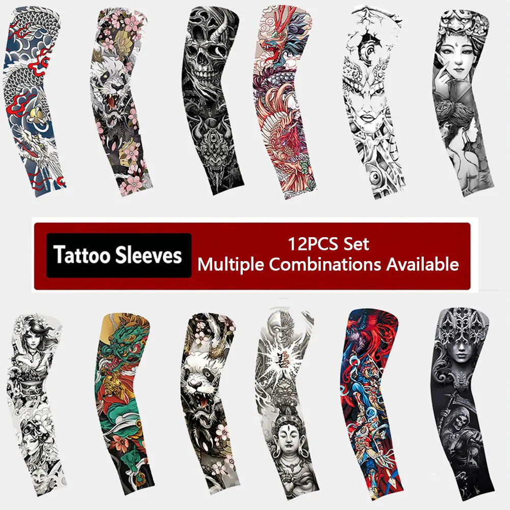 (12PCS Set,Multiple Combinations Available)Tattoo Arm Sleeves Sun Protection Arm Protectors Gloves Elbow Pad Popular Online
