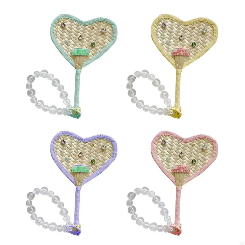 Heart Shaped Fan Hand-madeBamboo Woven Fan with Beaded Bracelet Pendant Summer Cooling Fan Portbale Hand Fan