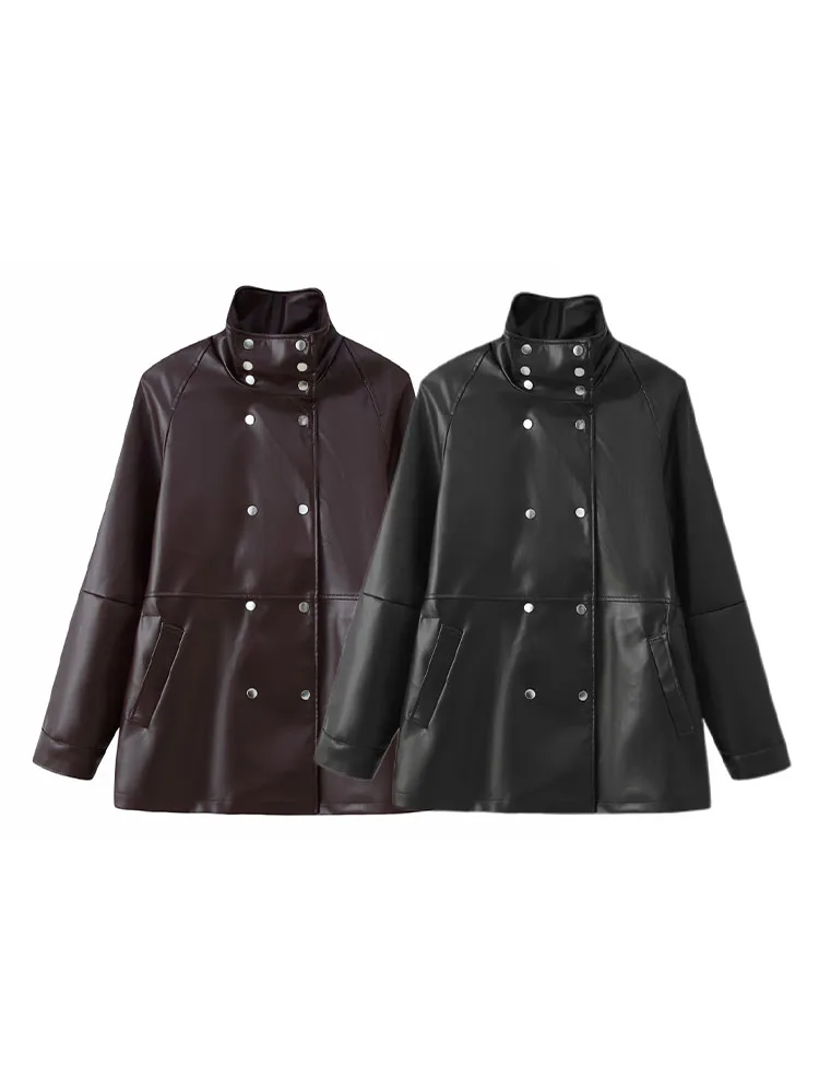 HH New Fashion Woman'S Double Breasted Stand Collar Long Sleeves Pocket Decoration Leather Jacket Female Slim Fit Leisure Coat