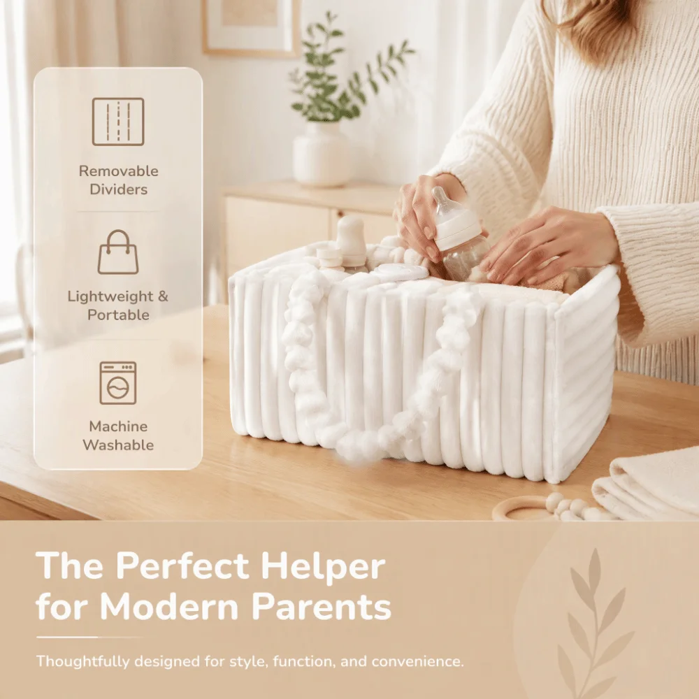 Organizador de Pañales para Bebé de Gran Capacidad, Bolsa Organizadora de Pañales Suave y Ligera, Color Beige Crema, Bolsa de Almacenamiento de Franela para Mamá, para Auto