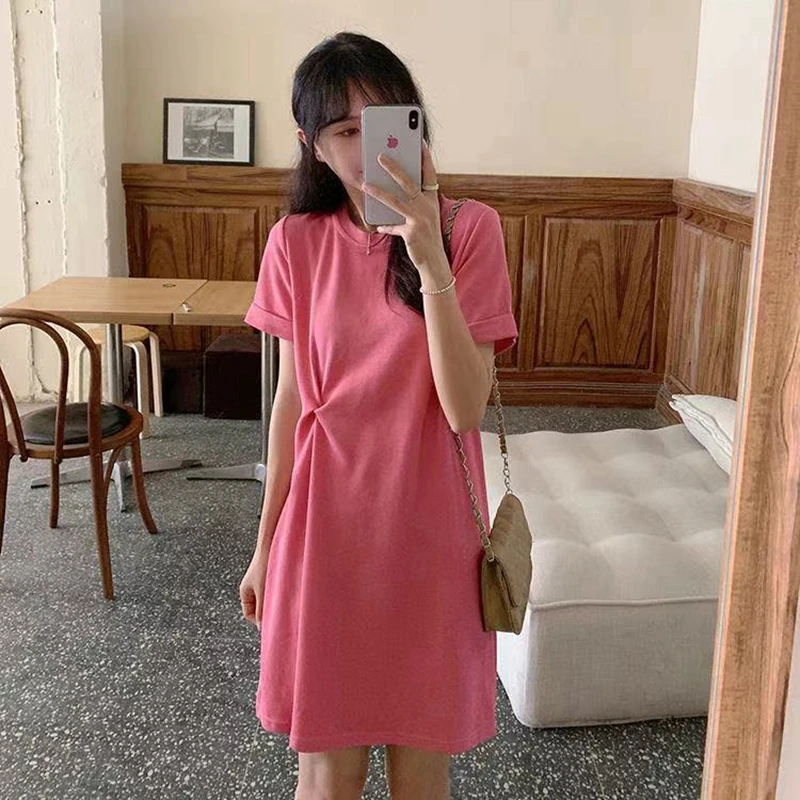 Korean Style A Line Shirt Dress - Letnia, codzienna sukienka T-shirt z wiązaniem,