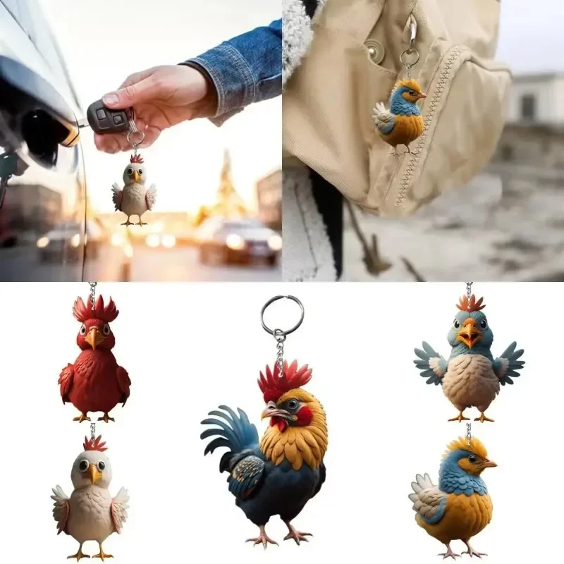 

Acrylic Cute Car Keychain Backpack Pendant Cartoon Cock Key Holder Handicraft Ornaments Flat Chicken Key Ring Christmas Gift