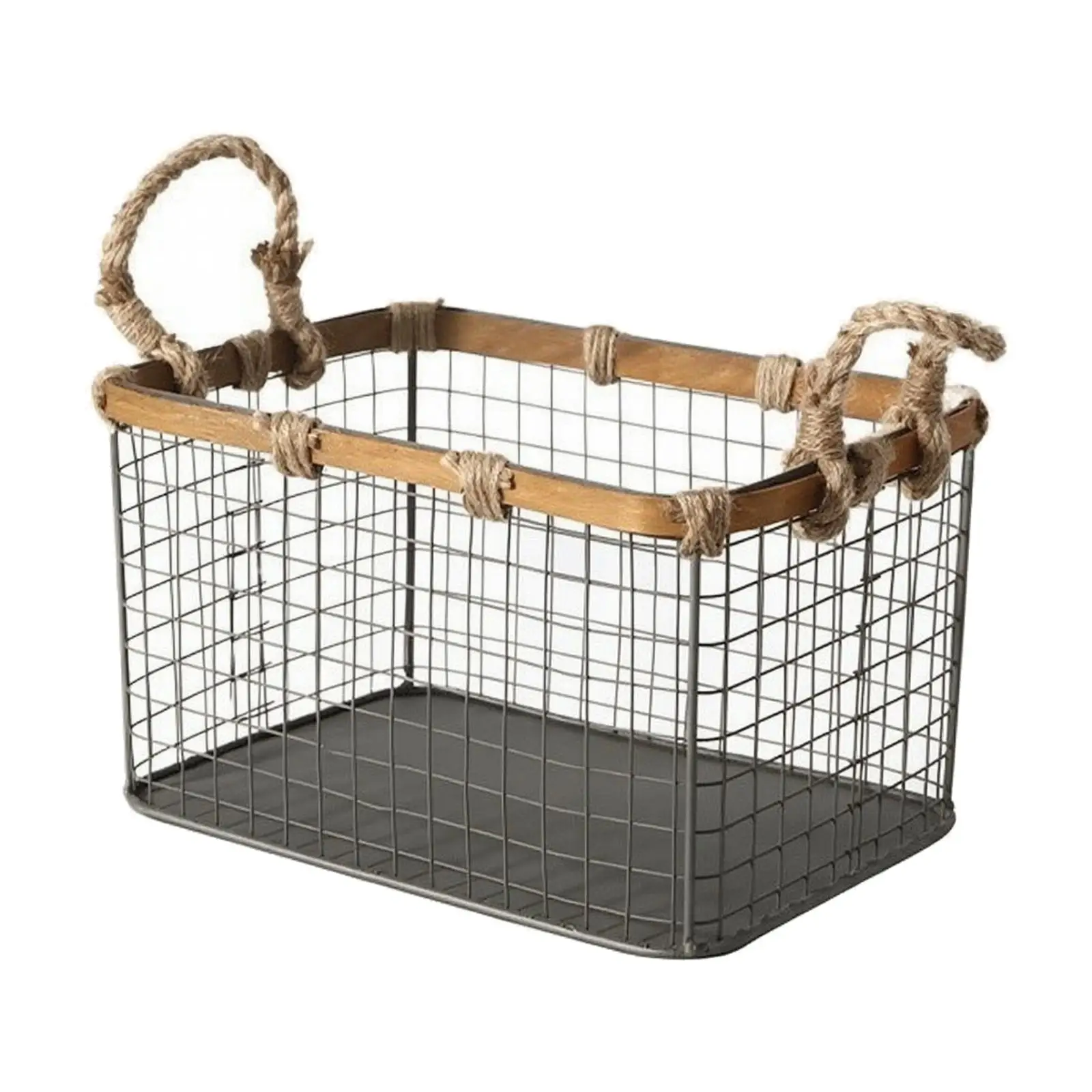 Open Frame Iron Storage Basket Wood Finished Edge for Book Magazine Toy Laundry Basket Bedroom Pantry Use