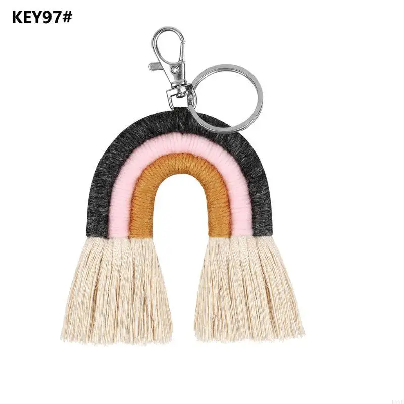 L5YF Đáng yêu Weaving Rainbow mặt dây chuyền Keyring cho Chuỗi Key Phụ nữ Tassel Macrame Keyrings Túi Túi Charm Xe đồ trang