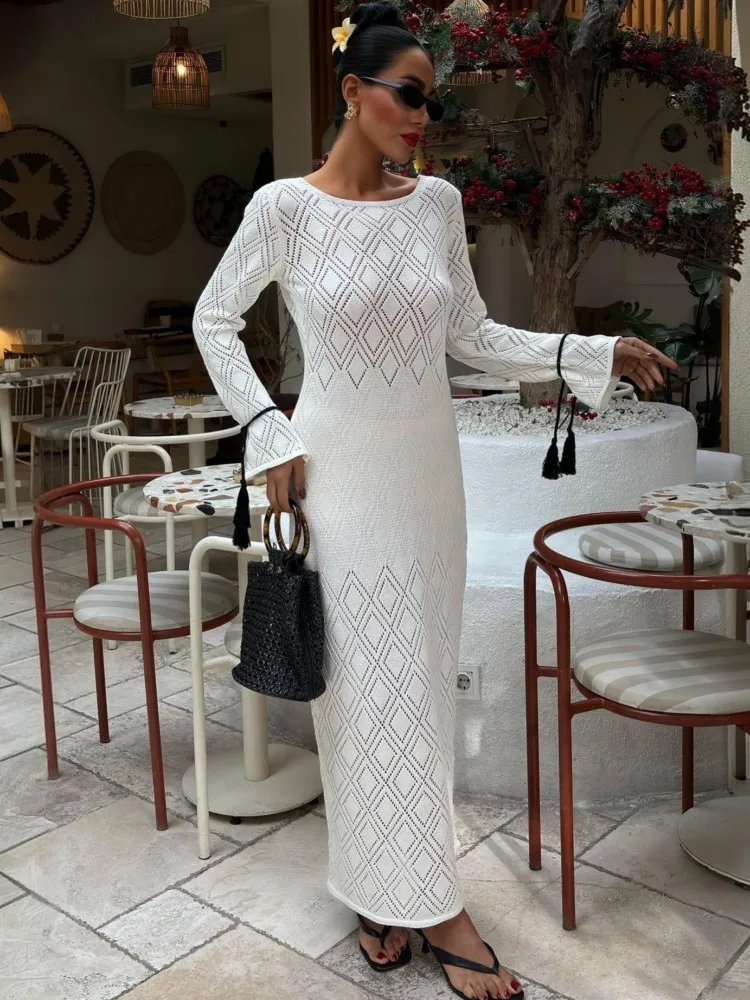 

Сексуальное женское длинное вязаное пляжное платье с вырезом и круглым вырезом, бикини с длинными рукавами, осеннее праздничное платье 2026, летнее накидка