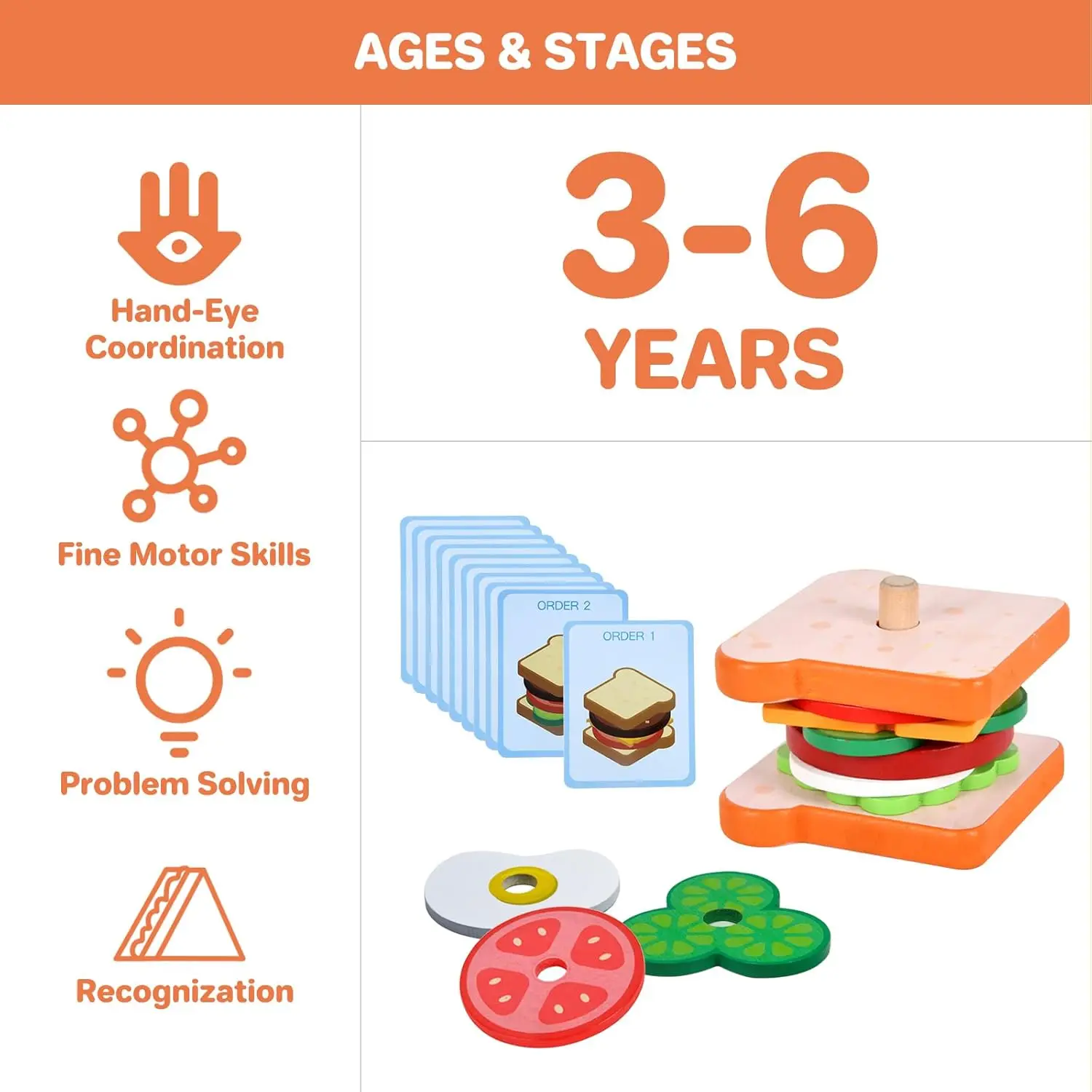 Montessori Toys for 2, 3 Year Old, Wooden Burger Sandwich Stacking Toys for Toddler Educational Toys Fine Motor Skills Foods Pre