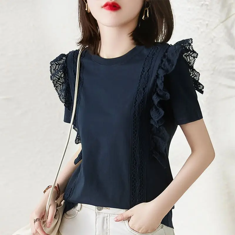 

New Summer Women's Solid Color Splicing Lace O-Neck Short Sleeve Loose Thin Korean Pullovers Fashion Commute All-match Tops