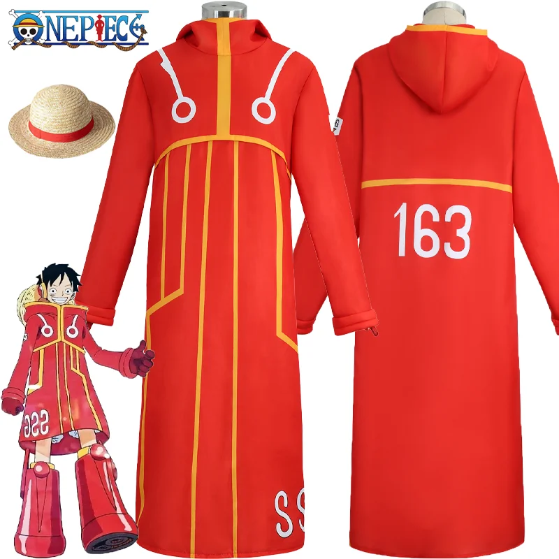 Anime One Piece Egghead Island Monkey D Luffy Cosplay Costume Red Robe Claok Outfit Halloween Party Role Play for Adult Men Set