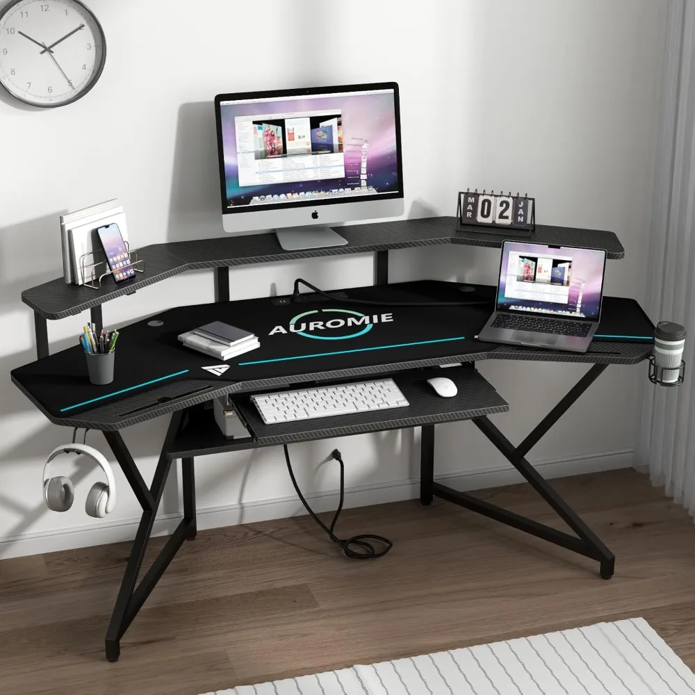Gaming Desk with Power Outlet & LED Light, 72" Large Wing-Shaped Computer Desk w Monitor Stand & Keyboard Tray & Full-Size Mouse