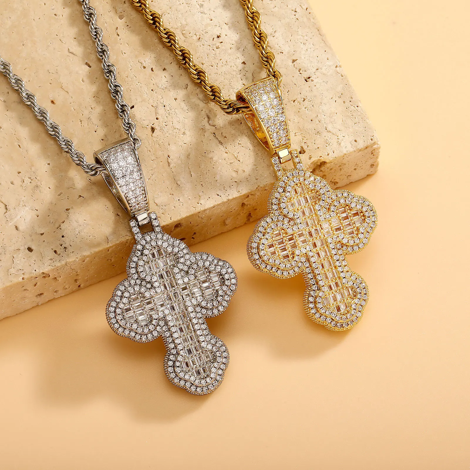 JINAO 2024 NEW Hip Hop Iced Out Cubic Zircon Solid Back Round Cross Design Pendant&Necklace Baguette Rope Cuban Chain