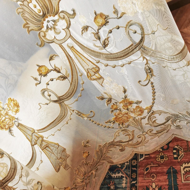 Custom Size Simple European French Embroidery Flocking High-end Light Luxury White Tulle Curtains for Living Room Bedroom