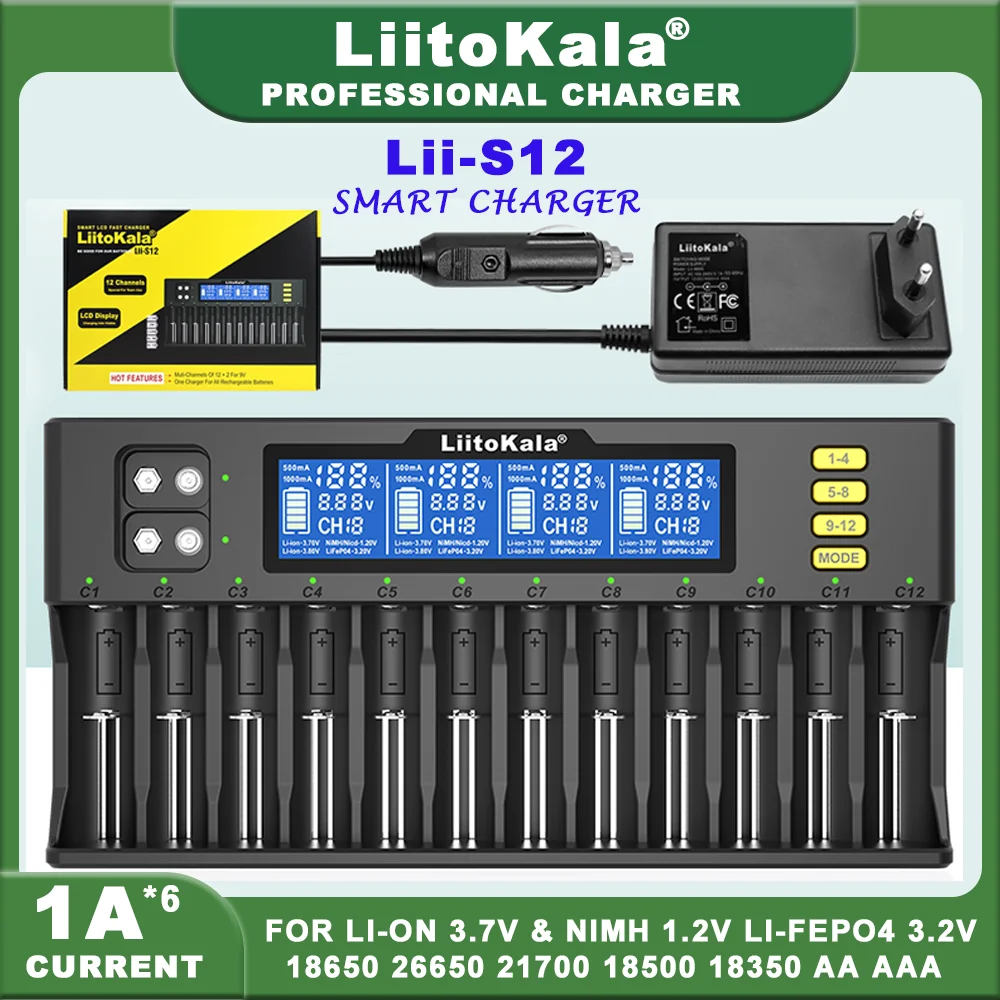 LiitoKala Lii-S12  Lii-PD4 12-Slot 18650 LCD Battery Charger For 20700 26650 21700 14500 10440 16340 1.2V 3.7V 4.2V Lion Battery