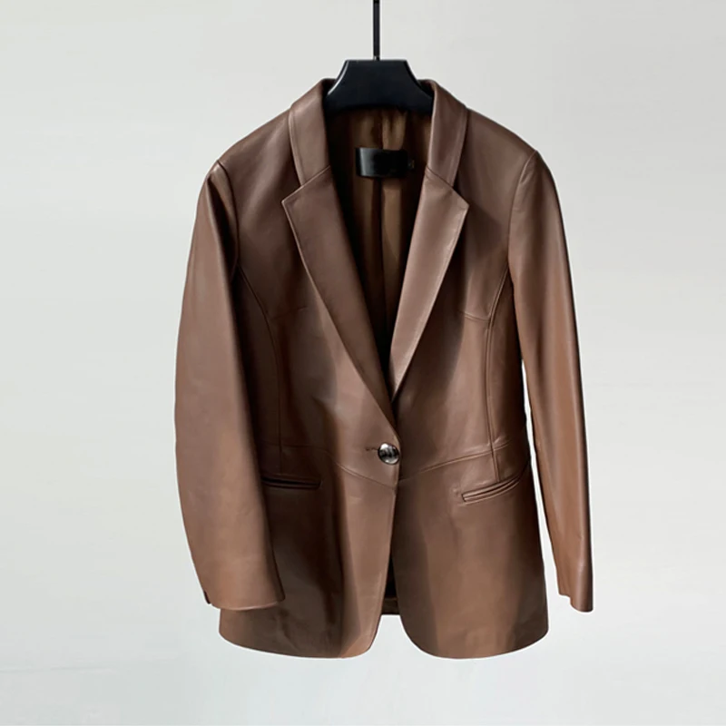 Retro น้ํามันขี้ผึ้งหนังผู้หญิงหนังแกะจริงเสื้อแจ็คเก็ต Blazer 2025 ใหม่แฟชั่นปุ่มสุภาพสตรีคุณภาพสูง Lambskin เสื้อสูท
