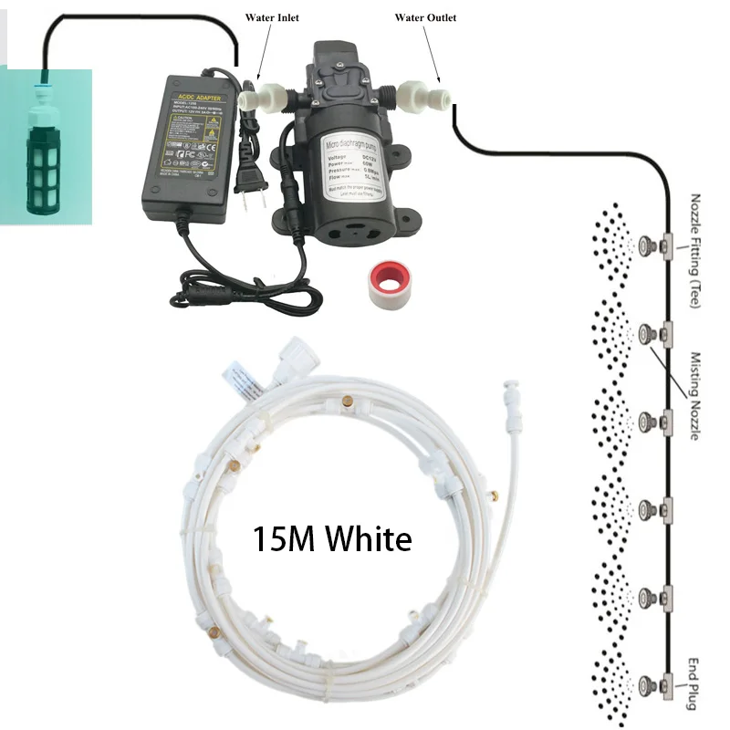 

15M White Brass Nozzles Water Mist Spray Electric Diaphragm Pump Kit Misting System Automatic Water Pump Sprayer for Garden