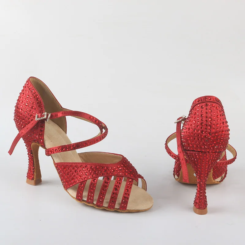 Venus lure Diamante Dance Latin Shoes 9CM Red Rhinestones Customized Heel Suede Soft Sole Woman Dance Heels