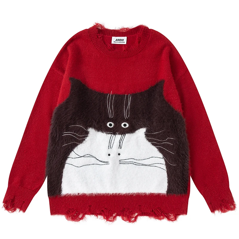 الخريف غامض متماسكة سترة لطيف الكرتون القط نمط البلوز فضفاض دافئ فروي البلوز 2025 الشتاء ملابس تريكو غير رسمية القمم الملابس