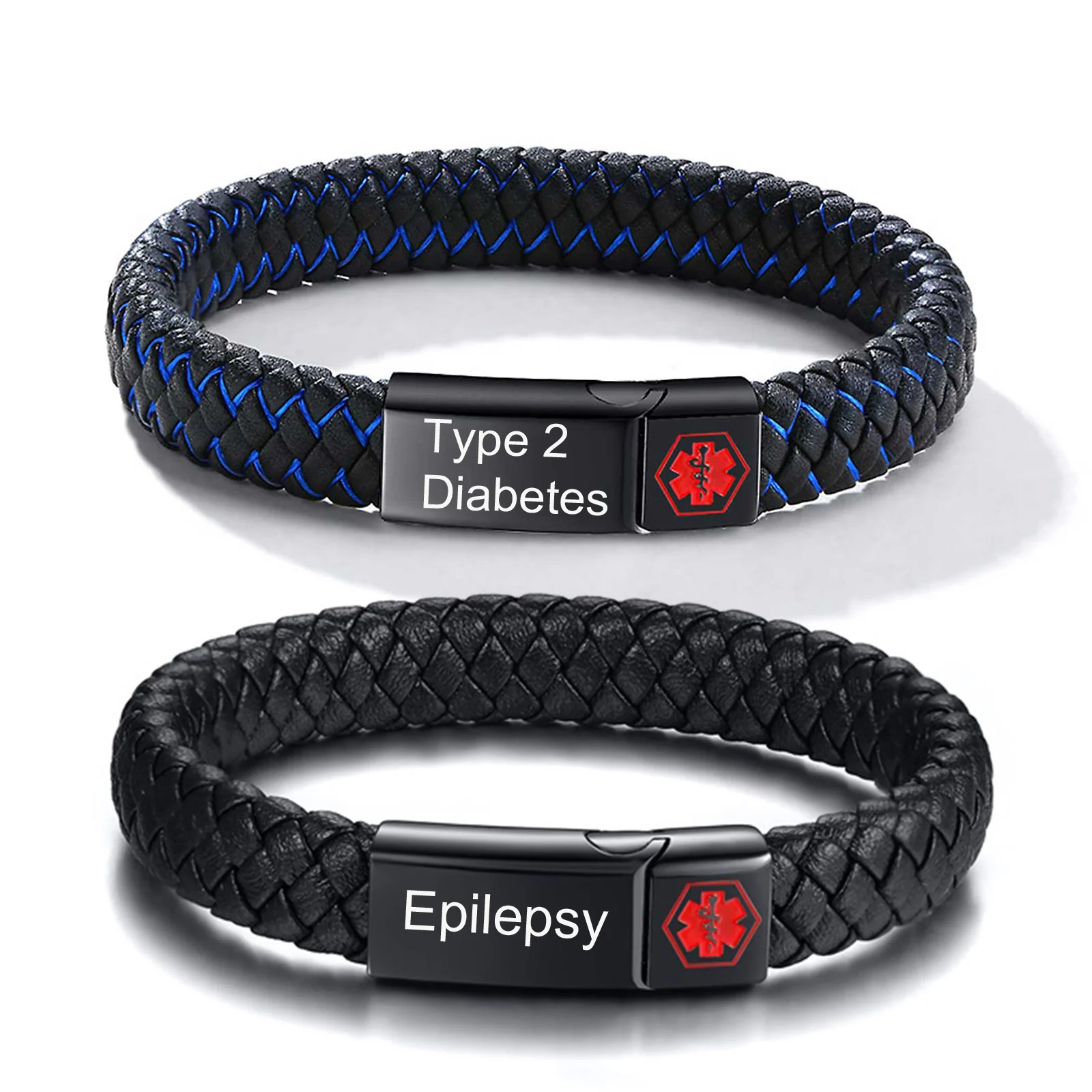 Red Medical Men's Bracelet,Black Genuine Leather ID Bracelet,Type 1/2 Diabetes Alzheimer Epilepsy Customize Bracelet for Dad