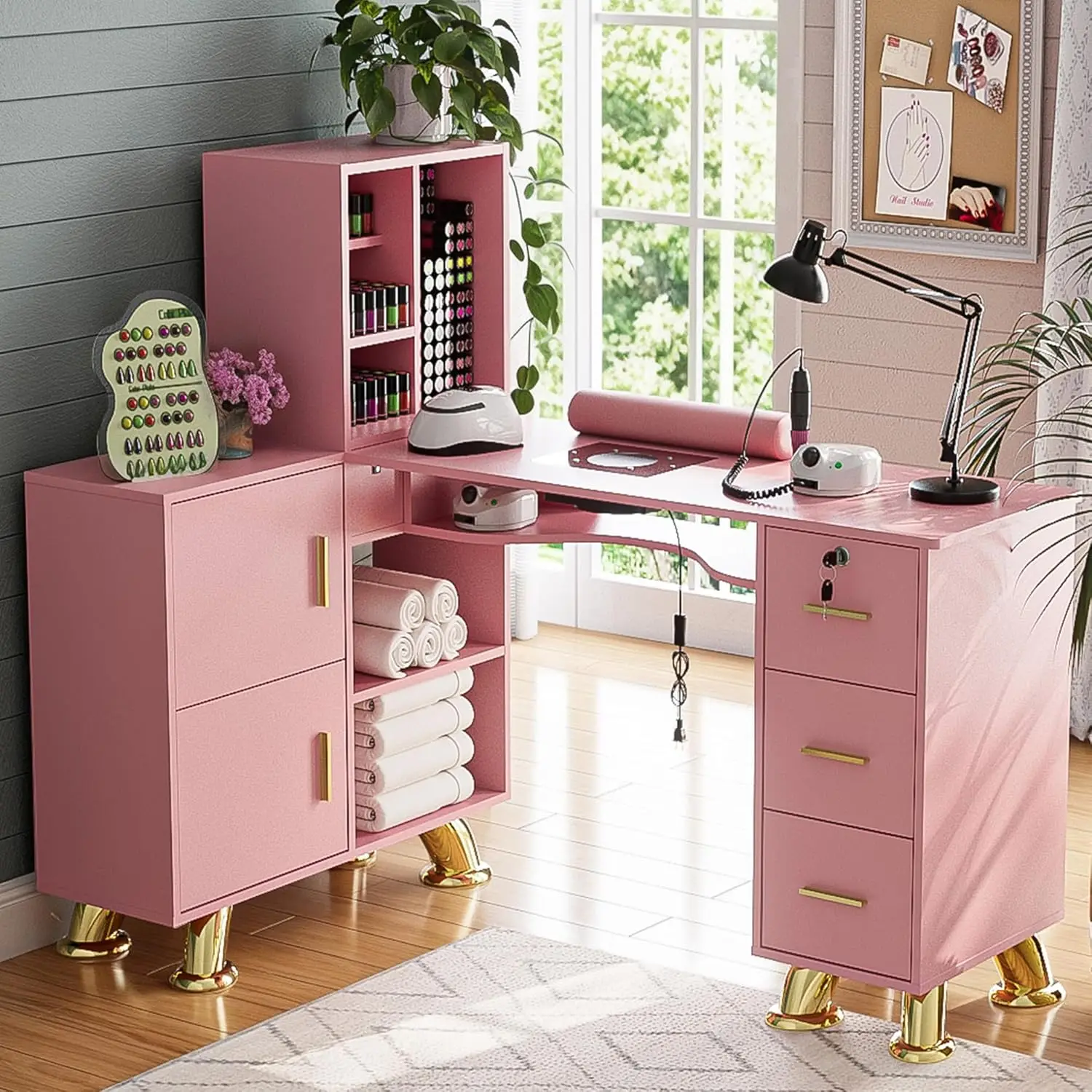 

Маникюрный стол-станция с пылесосом - L-образный стол для мастера маникюра с полками, шкафчиками для хранения, ящиками, металлическими ручками