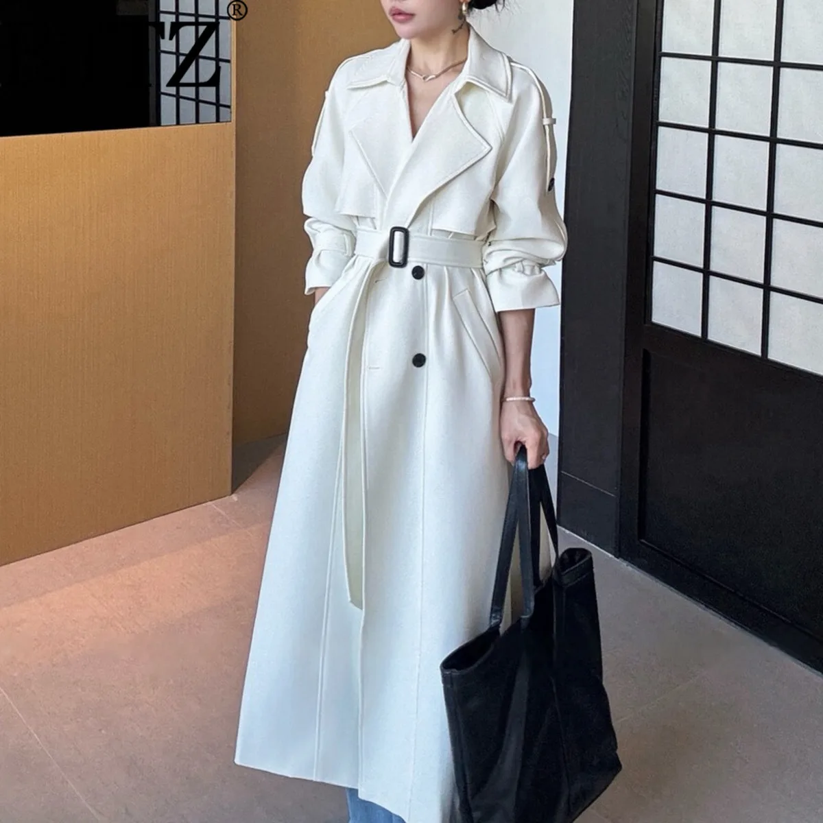 

BJTZ 2025 женский осенне-зимний длинный плащ с поясом из матовой замши с тонкой талией офисная повседневная верхняя одежда однотонного цвета