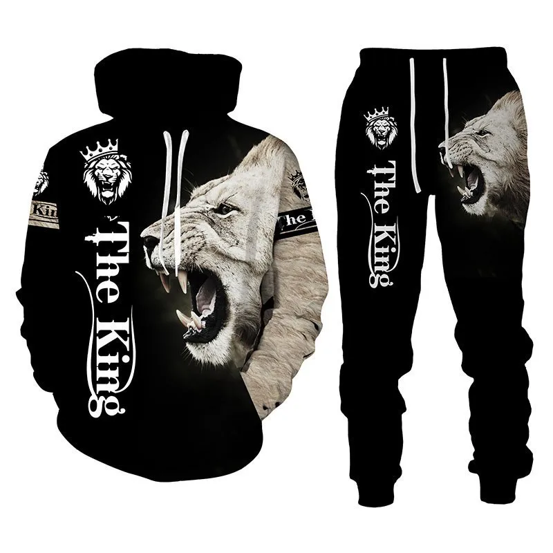 Plus Size Men\'s 3D Lion Print Hoodie Pant Suit Casual Hooded Sweatshirt Sweatpants Set For Summer Autumn Men\'s Clothing 2pcs Set