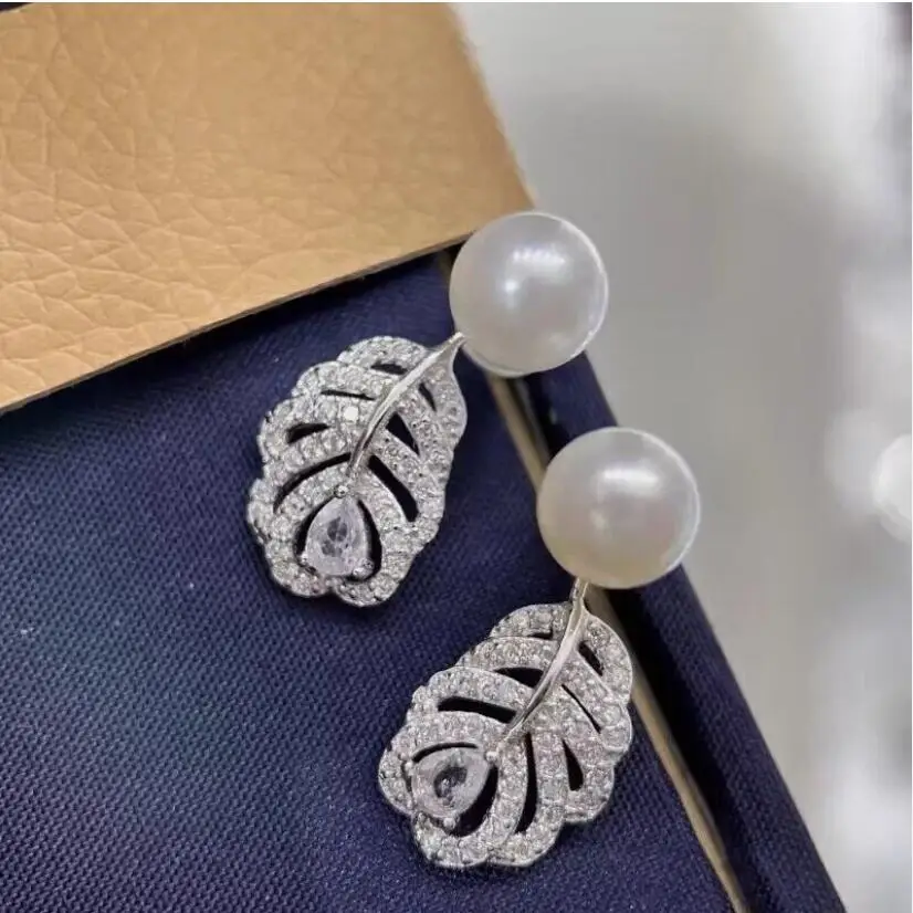 

gorgeous 9-10mm south sea round white pearl dangle earring 925s