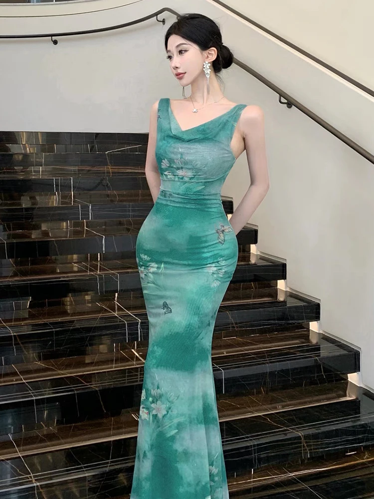 RORORIRI Y2k vestido sin mangas con estampado de mariposa y cuello vuelto para mujer, vestido largo plisado ajustado con espalda descubierta, vestido largo de sirena, ropa Retro elegante