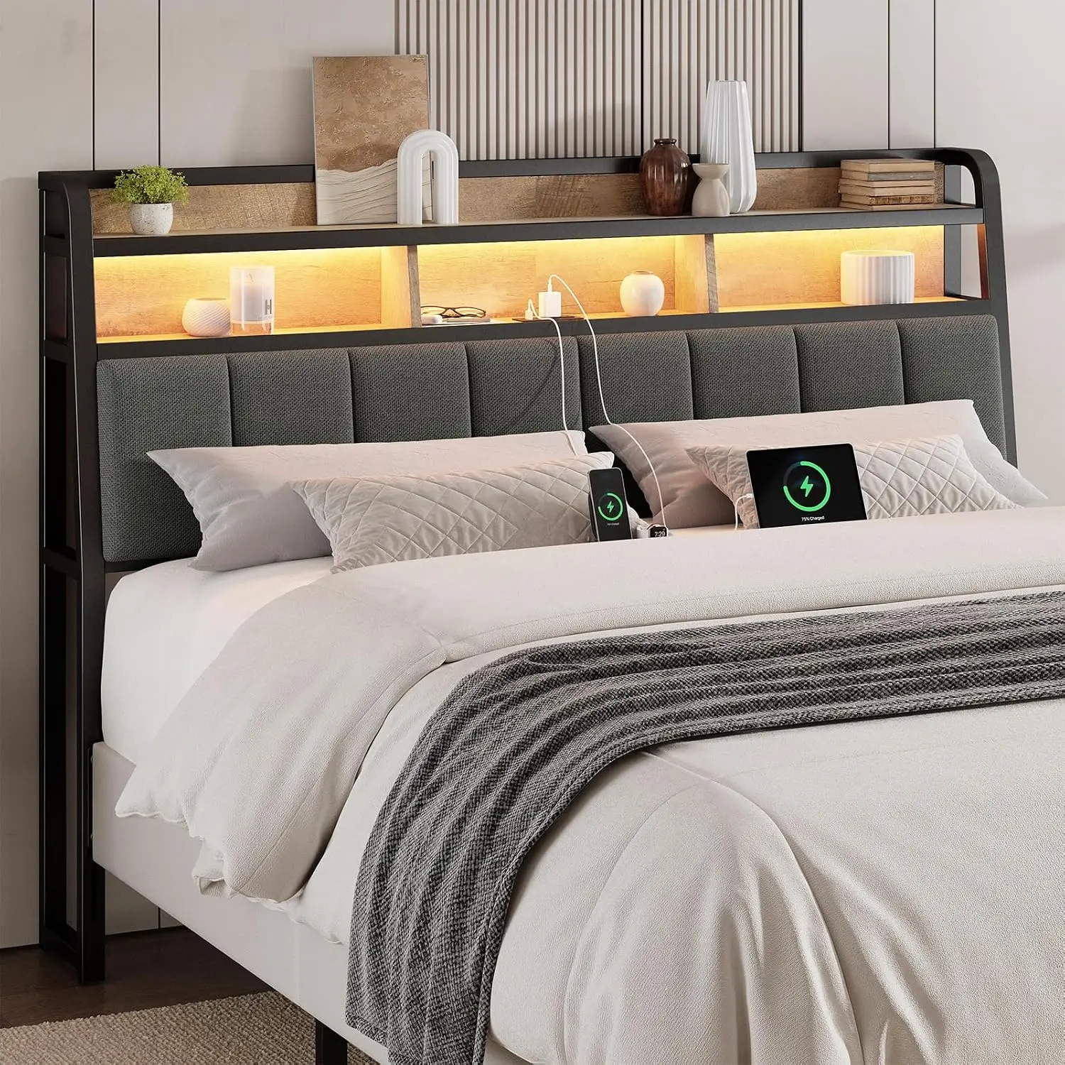 Ergonomic Headboard Queen Size with 2-Tier Storage, Black & Brown, Customized
