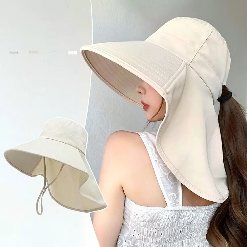 Outdoor Summer Sun Hat Women Wide Brim Cap Neck Flap Ponytail Opening UV Protection Breathable Gardening Hiking Fishing