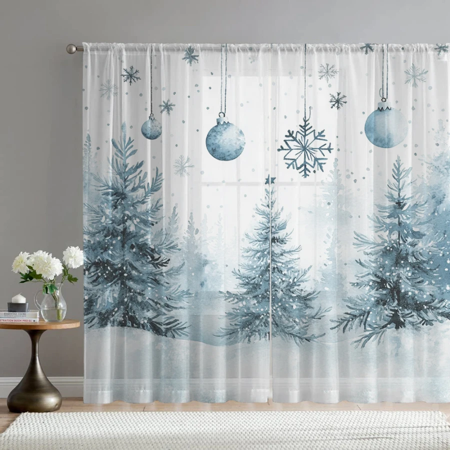 クリスマス柄のシアーカーテン2枚セット。青い雪の結晶の水彩画 - Curtain Rods のレビューと価格