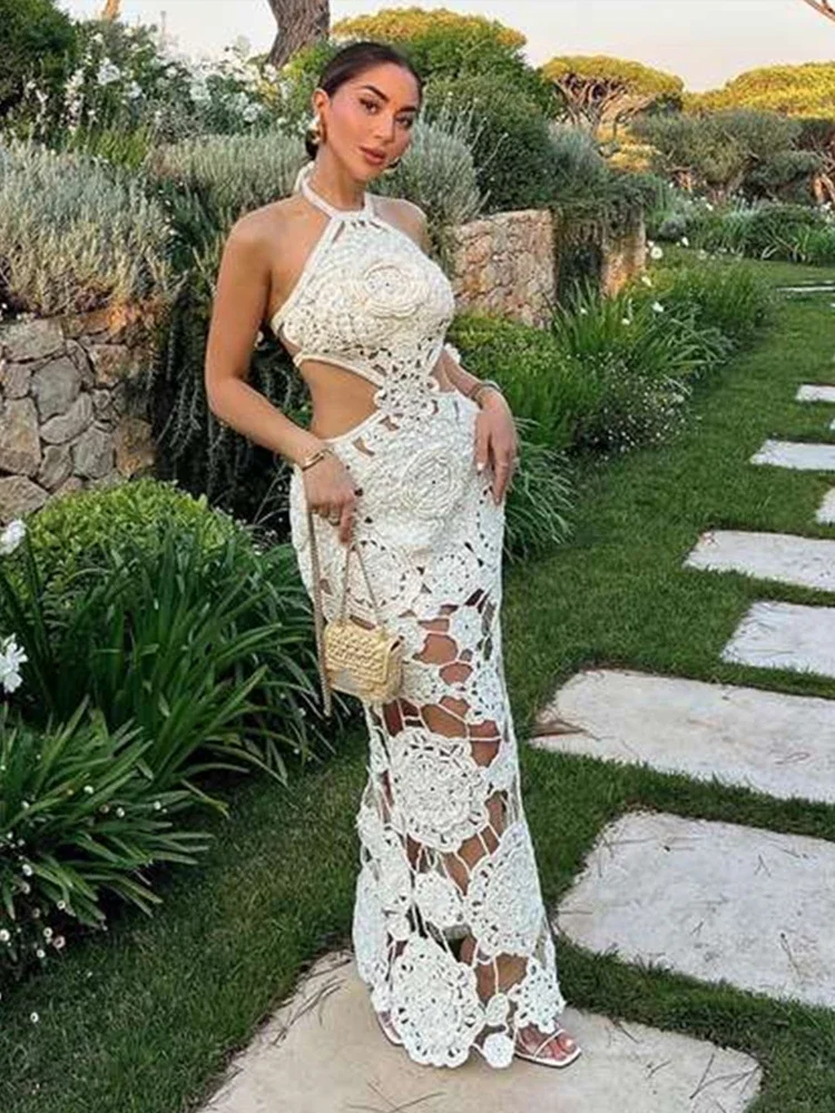 Vestido largo de punto con flores y gancho para mujer, vestido largo Sexy con cuello Halter, sin mangas y espalda descub