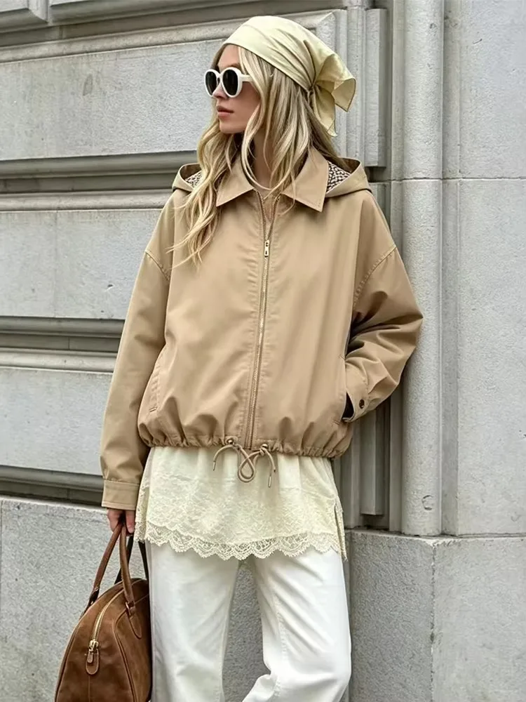 Ladies Spring Autumn Women Fall Casual Hooded Jacket Drawstring Hem Zip-up Loose Trendy Street Elegant Commute Lady Jacket