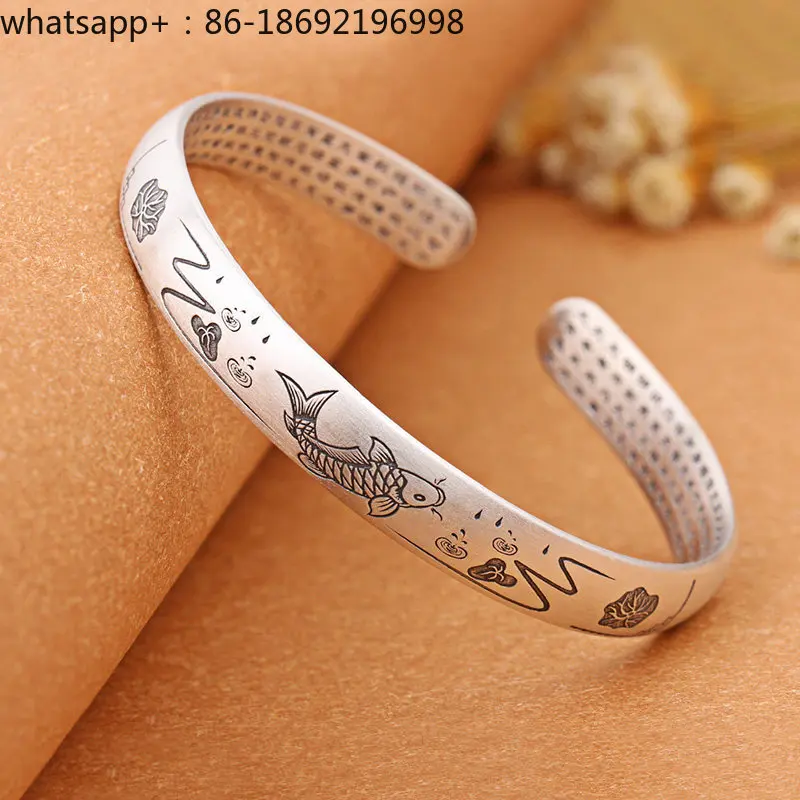 Koi  Bracelet 9999 Sterling  Women's Open Solid Matte Silver Bracelet Fish  Bracelet
