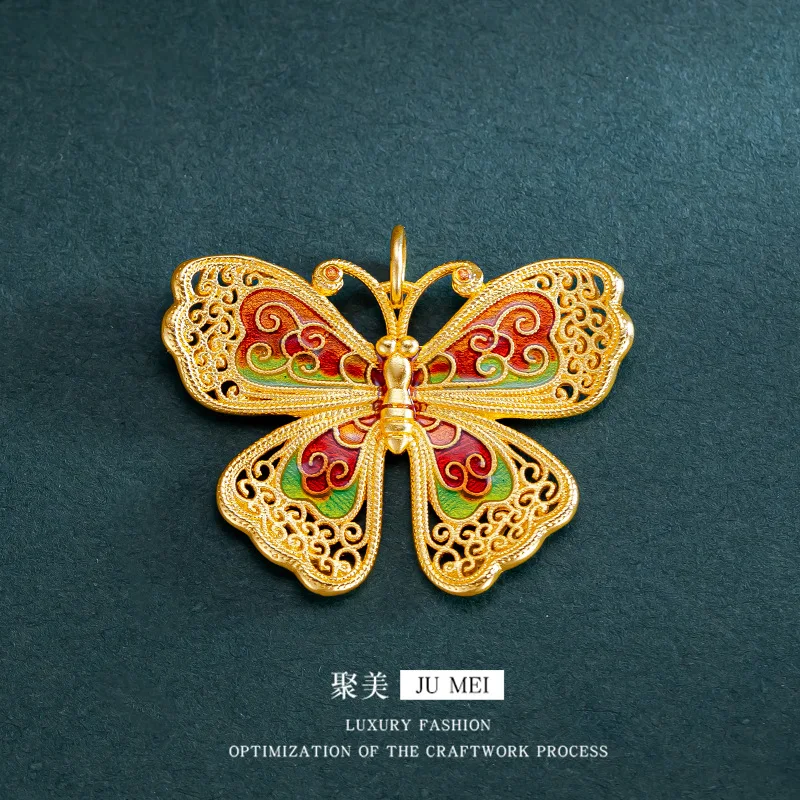 Luxury 24K 9999 Pure Gold real gold Women's Enamel Large Butterfly Pendant Hollow Silk Clavicle Chain