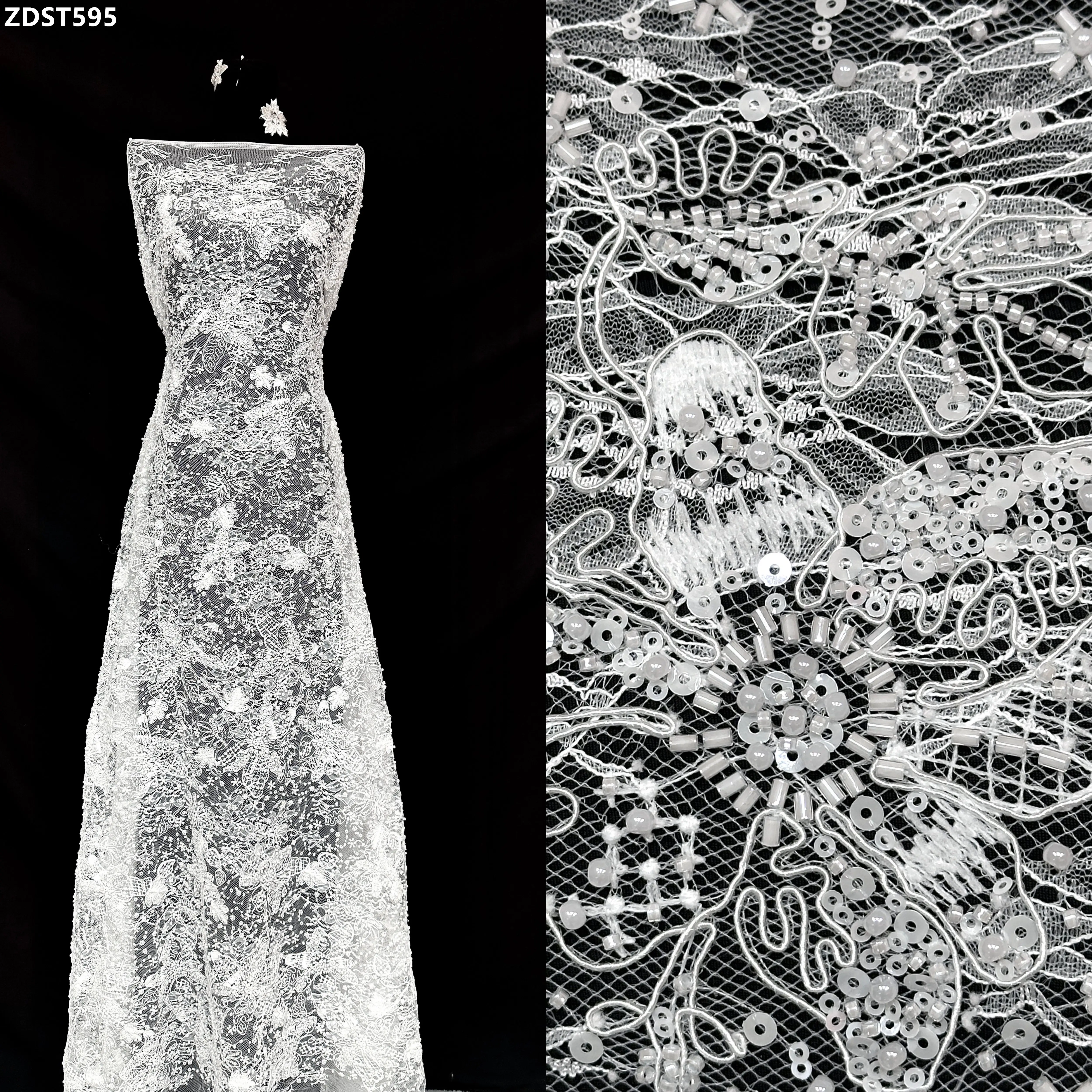 

White Bridal Wedding Dress Tulle Lace Material with Sequins Beaded Heavy Mesh Handmade Rhinestone Fabric for Bridesmaidns