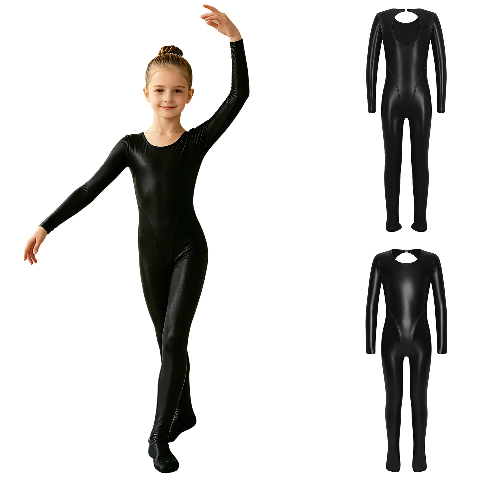 

Kids Girls Glossy Footed Jumpsuit Long Sleeve Keyhole Back Bodysuit for Gymnastics Dance Training Performance