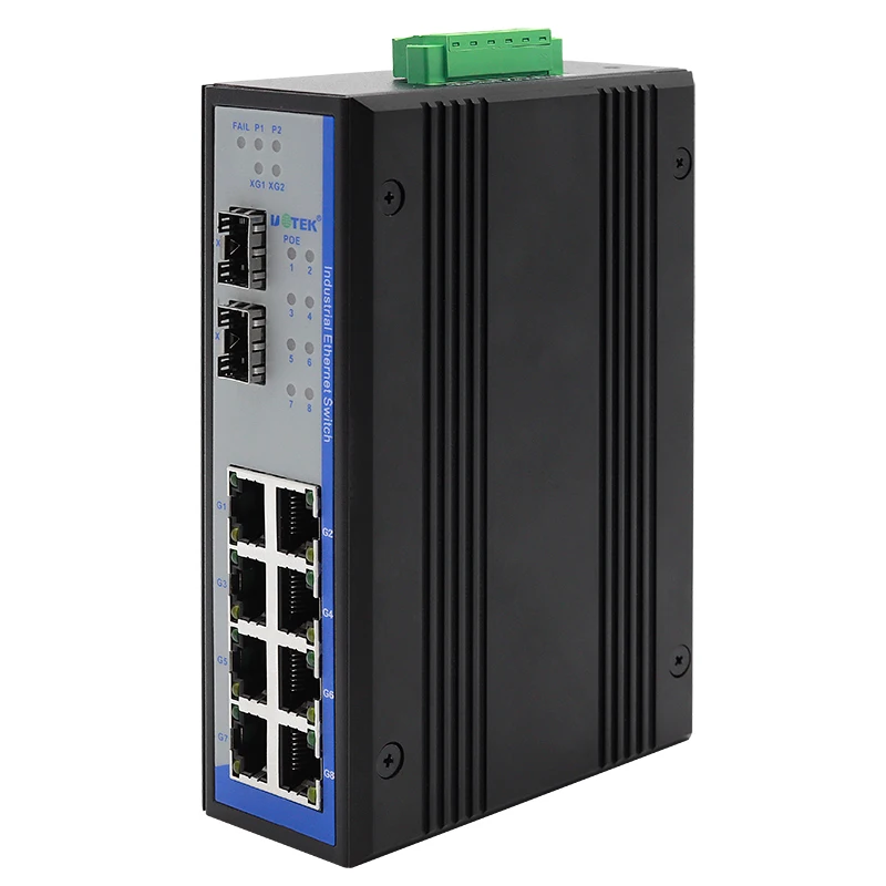 UOTEK 8G+2XG 10 Ports Unmanaged POE Ethernet Switch 10/100/1000M DIN-rail Switch with IP40 Protection UT-60208G-8GT-2XGP-POE