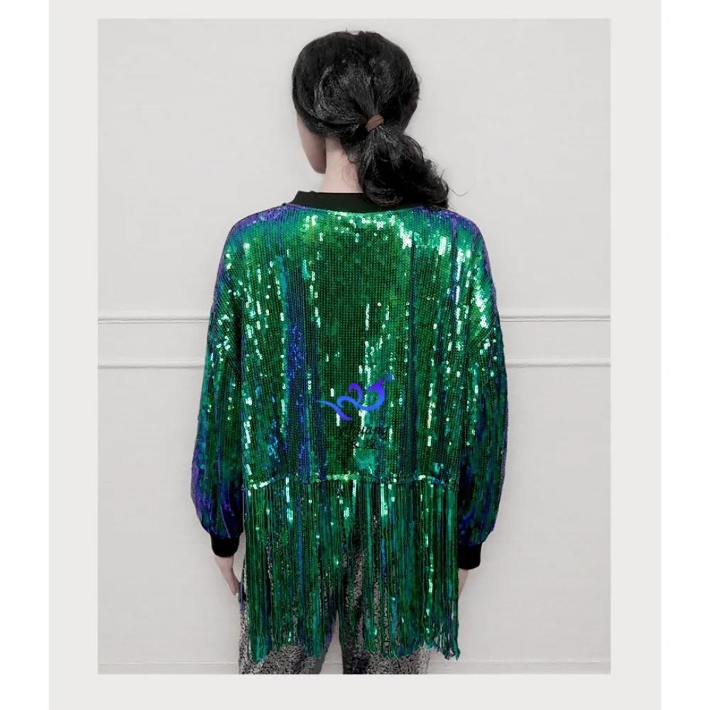 Leistung Kostüm Jazz Bühne Pailletten Quaste Jacke Street Dance Mode Kleidung Frauen Kleidung Mantel Tanz Tragen