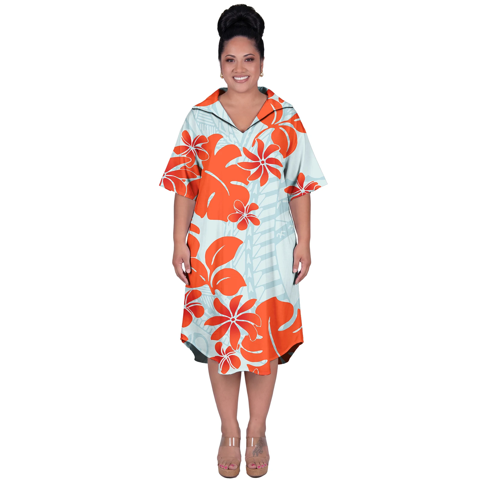 

Short Sleeve Clothing Polynesian Fashion Ladies Wear Hawaiian Turn-down Collar Shirts Dresses Samoan Women Flowers Beach Dress