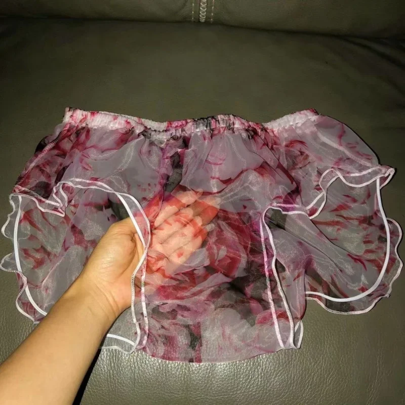 Couple Transparent Sexy Briefs Silk Smooth Underwear Ruffled Flower Soft Scarless Silky Touch Sissy Erotic Panties Private Party