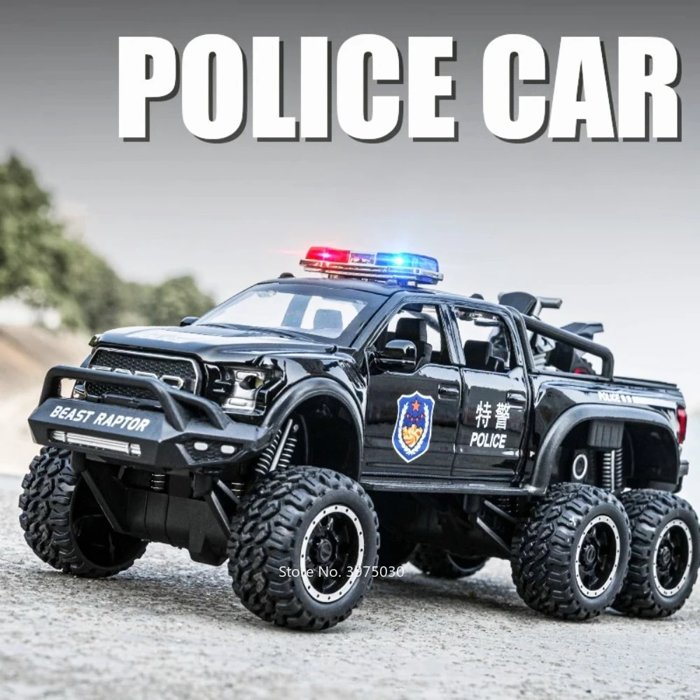 

1/28 Raptor F-150 Off Road Police Car Toy Model Alloy Diecast Doors Opened Pull Back 6 Wheels SUV Vehicle for Collectible Gifts