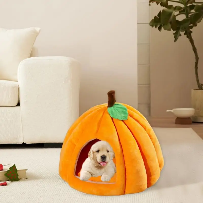 Pumpkin Style Cat Cave Sleeping And Resting Bed Pet Tent Cute Cat House Warm Pet Cave Semi-Enclosed Pumpkin Shape Pet Bed