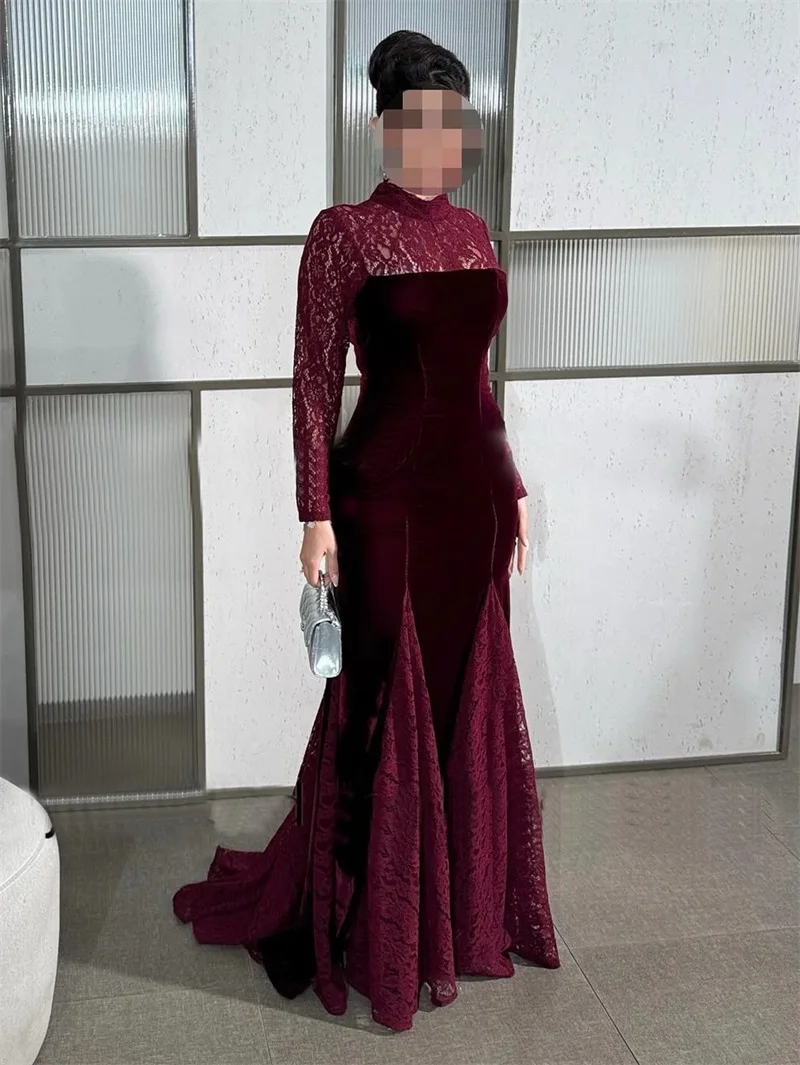 elegant-burgundy-lace-long-sleeve-prom-dress-high-neck-mermaid-lace-train-floor-length-party-gown-bridal-evening-wedding-robe