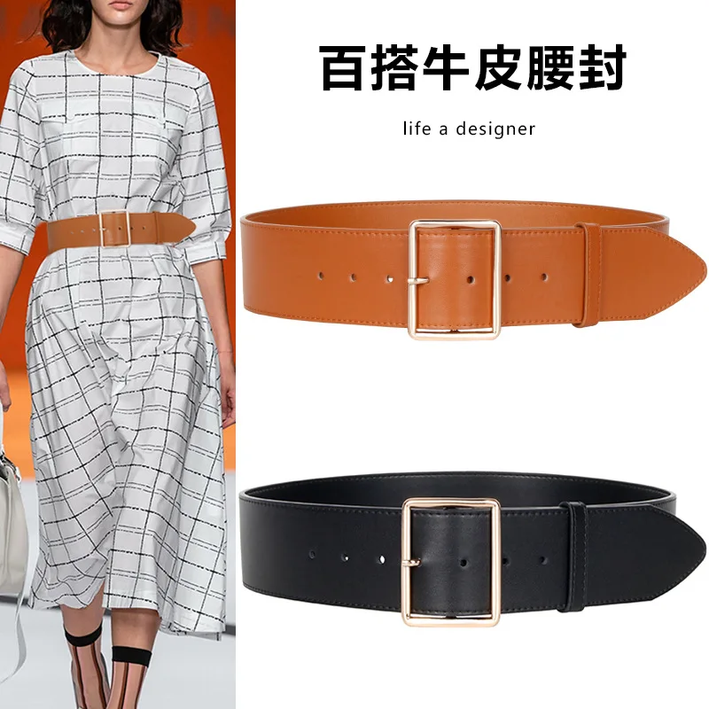 

Western Cowhide Leather Wide Women Waistband Belt Fashion 5.5CM Wide Dress Coat Cummerbund for Ladies