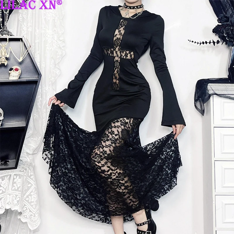 

Y2K Goth Black Cross Lace See Through Bodycon Party Dresses Sexy Vintage Long Sleeve Hoodied Long Dress Halloween Women Dress