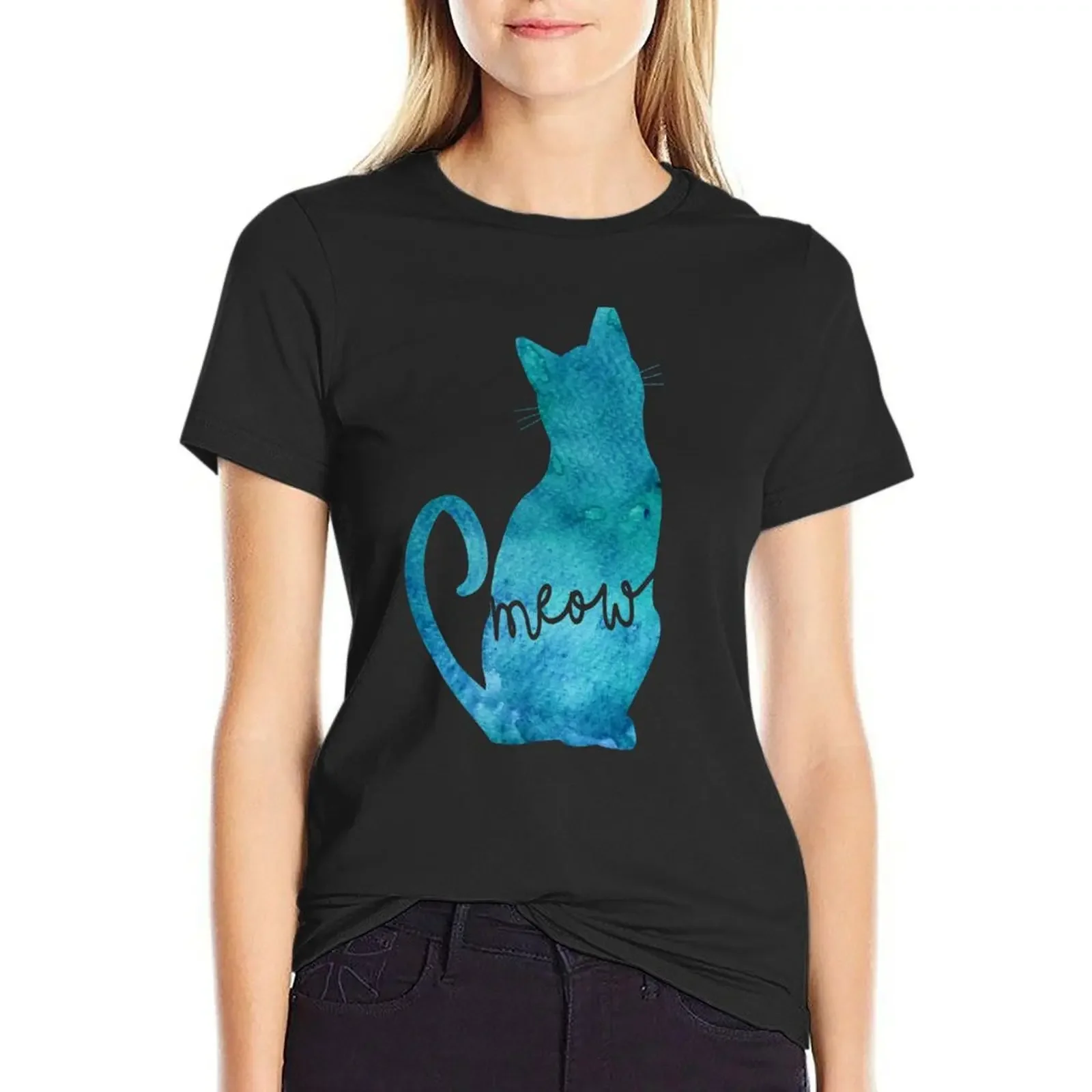 

Blue Watercolour Cat Silhouette T-Shirt customizeds heavyweights customs design your own Women's tops