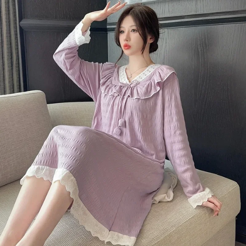 5XL Plus Size Women\'s Sleepwear Spring Princess Home Dress Lace Cotton Cream-colored Pajamas Sleepshirts Loose Nightgown Nightie