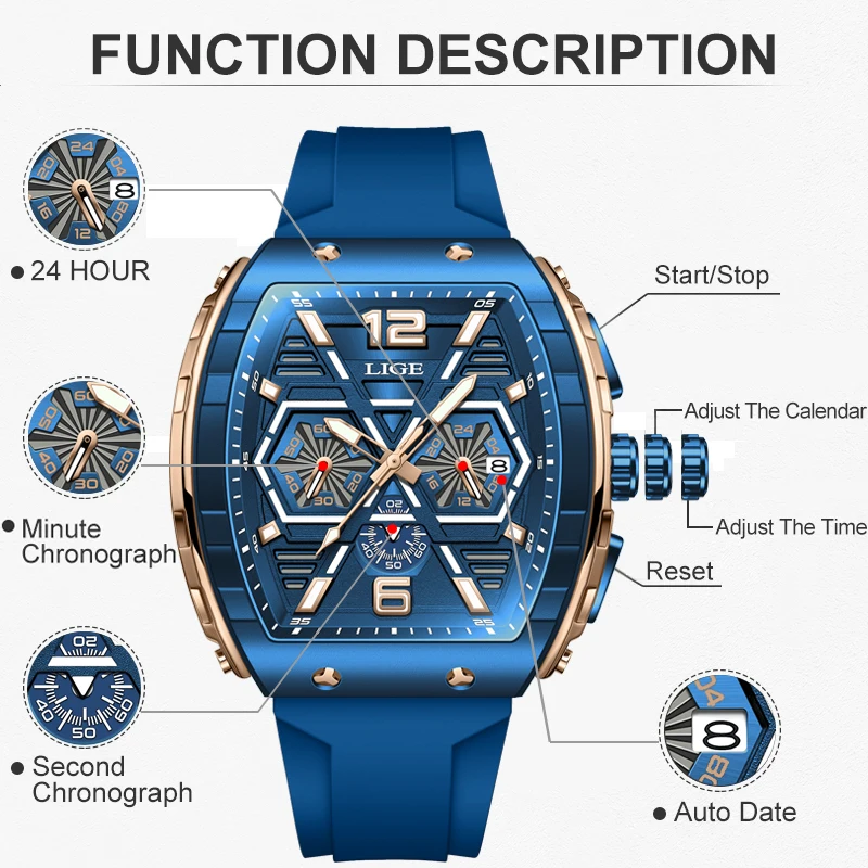 Relogios Masculino LIGE Fashion Mens Watches Casual Business Watch For Men Sport Military Waterproof Quartz Square Chronograph