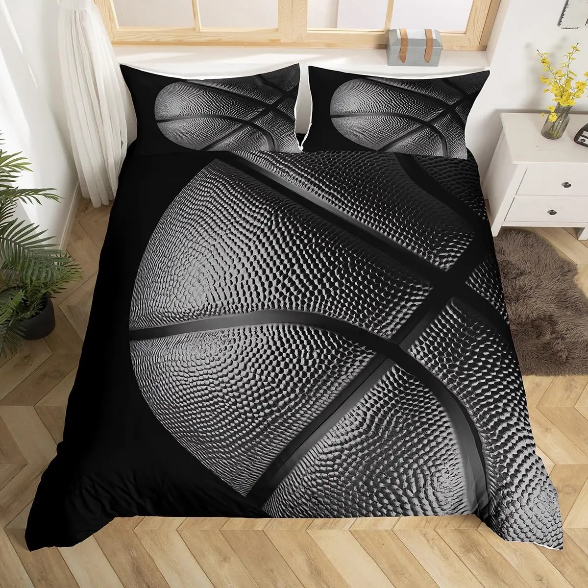 Basketball Court Print Bedding Set Twin Size,Ball Sports Games Themed Duvet Cover, Boys Game Room Decor Comforter Cover